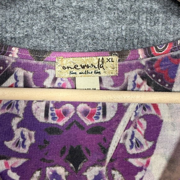 One World Size XL Top Blouse White Purple Paisley Boho Beaded 3/4 Sleeve Stretch - Picture 5 of 8